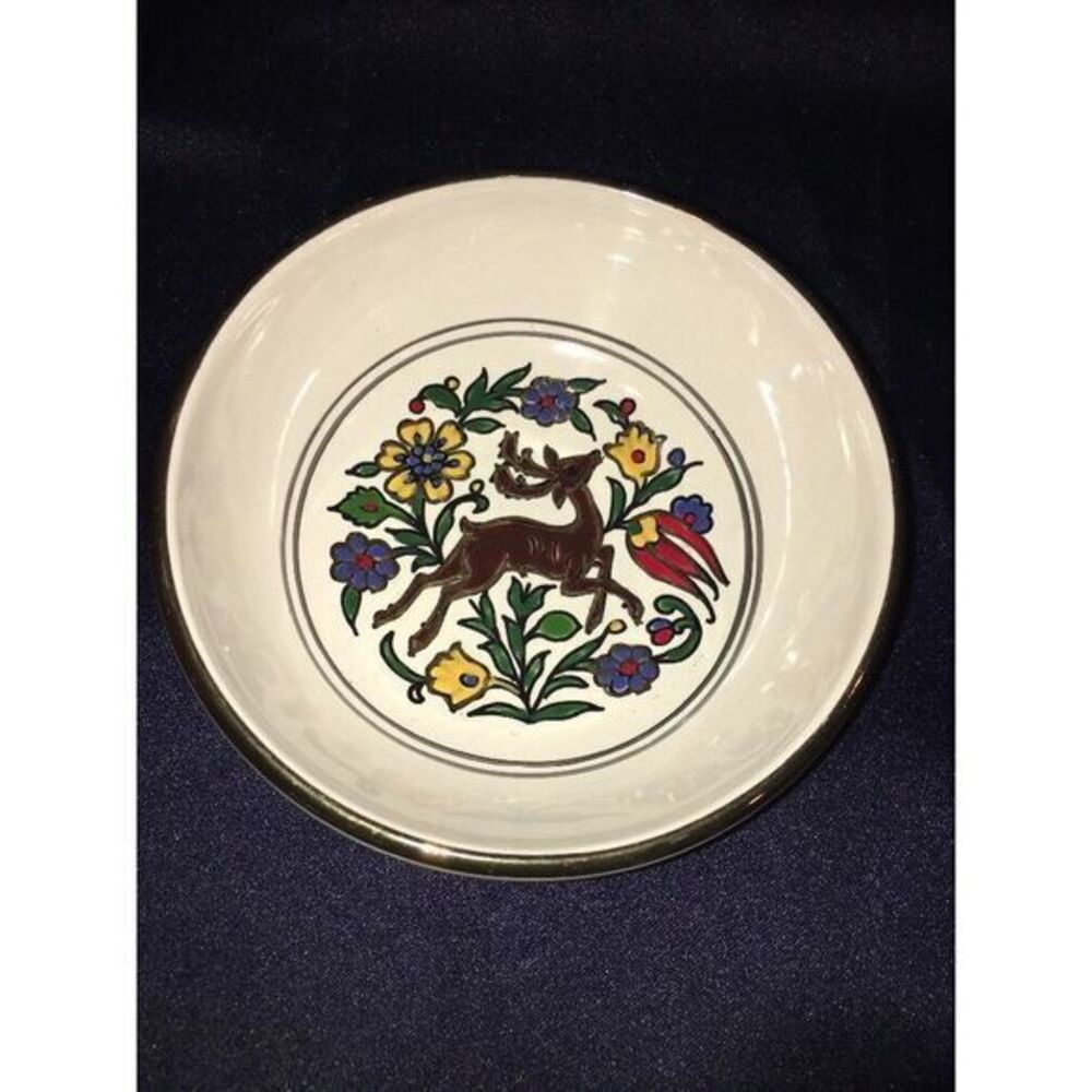Hand Made REINDEER & FLOWERS Bowl Manousakis-Keramik-Rodos Greece 5.5"